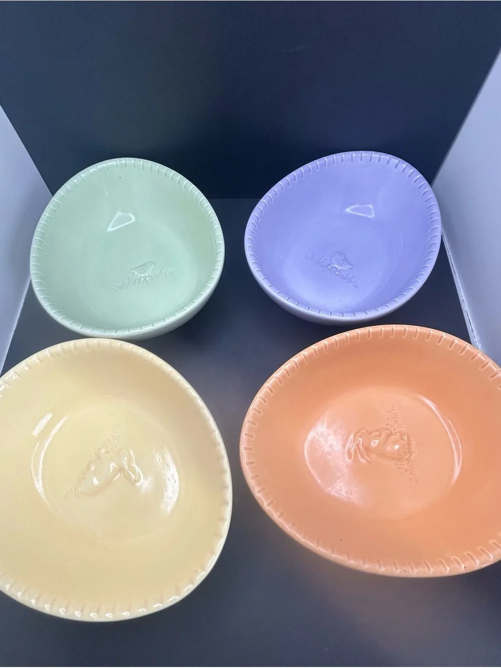 Williams Sonoma Pastel Ceramic 4 pc Bowl Set in Yellow, Orange, Green, Purple